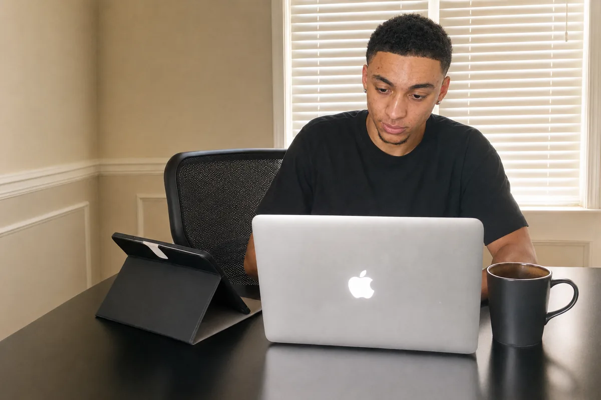Antonio Brewster, founder of Morning Brew Marketing, working at his desk