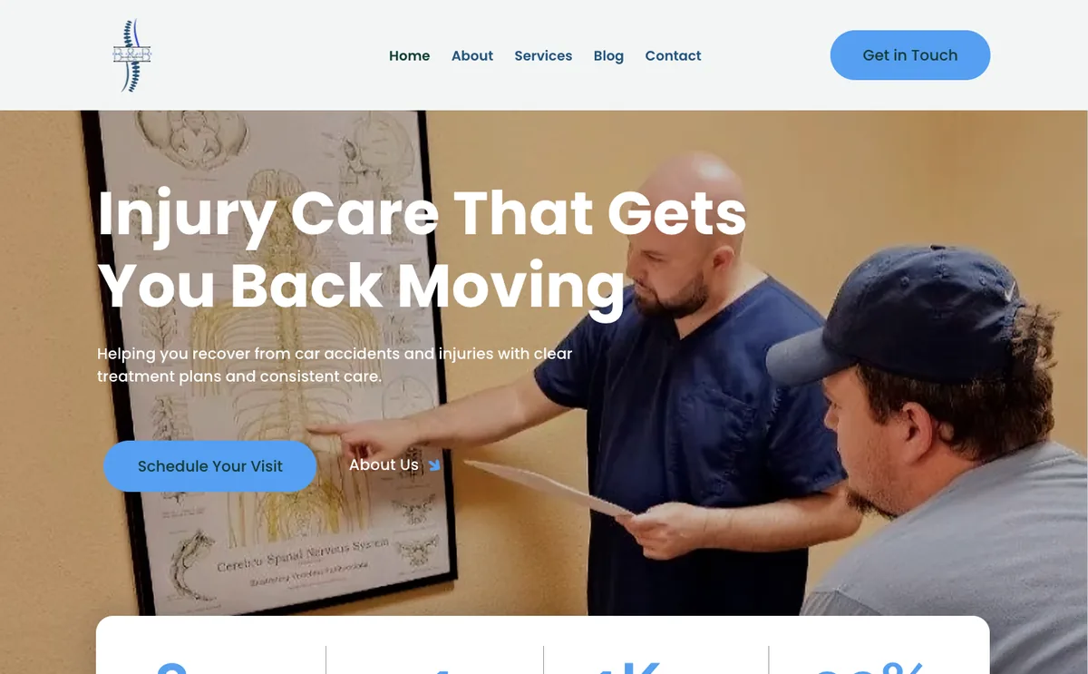 Back and Better Injury Center homepage, designed and built by Morning Brew Marketing