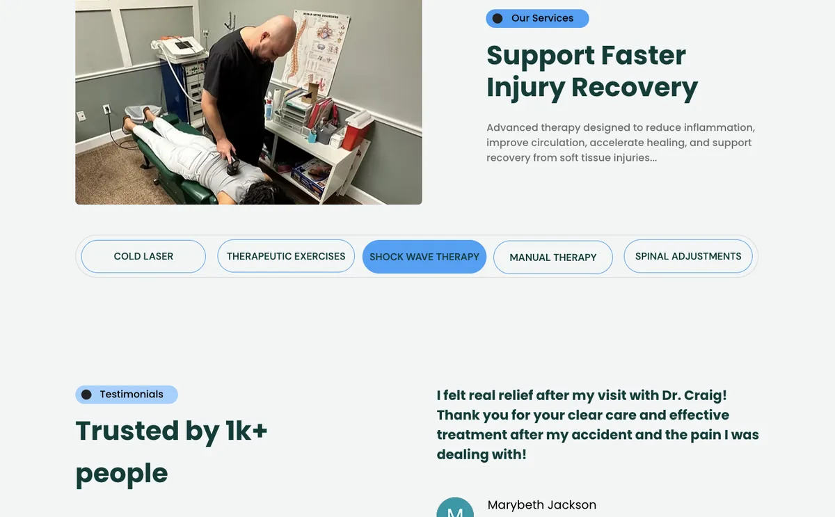 Back and Better Injury Center website, FAQ and contact section