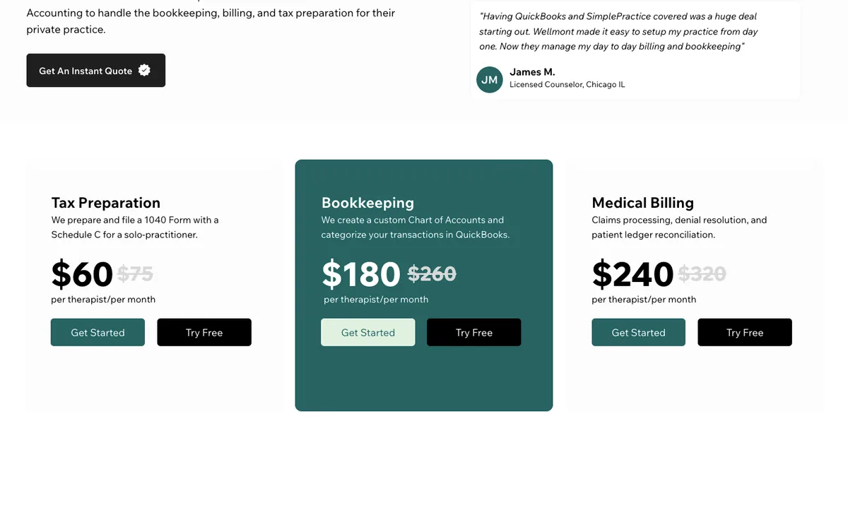 Wellmont Accounting website, pricing section